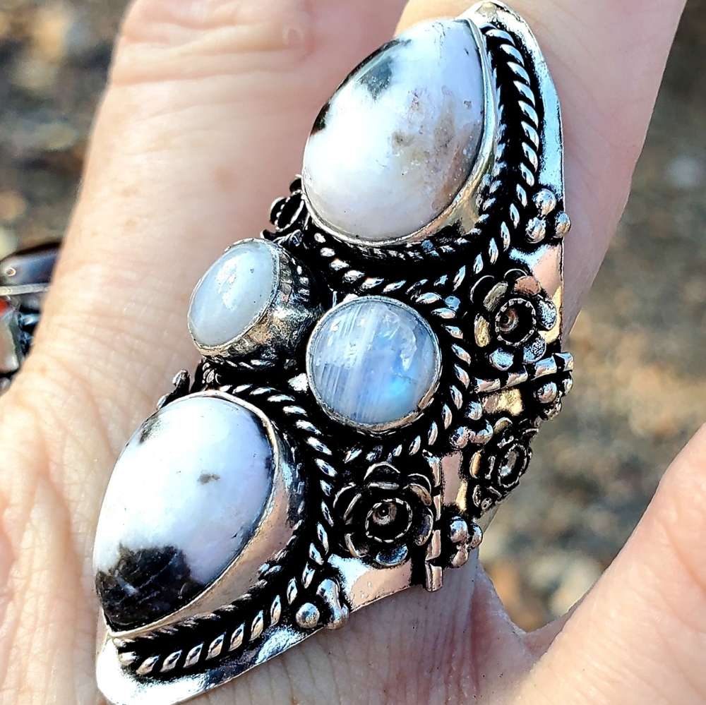New Zebra Jasper and Rainbow Moonstone 925 Silver Statement Ring.